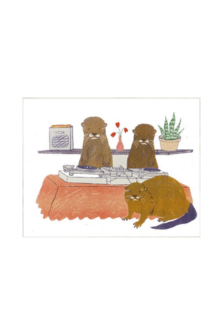 Otters DJing art print with three otters at a record player, colorful illustration