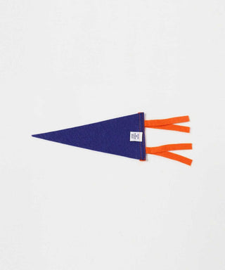 Blue triangular pennant with short orange fringe ends.
