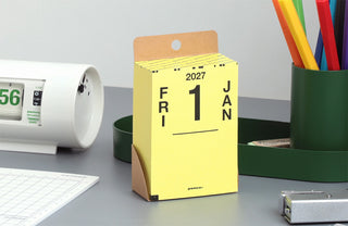 Yellow-front 2027 calendar block with bold F R I and J A N layout
