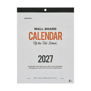 Wall board calendar 2027 featuring large orange “CALENDAR” and black date “2027”.