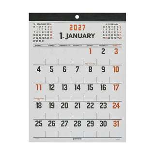 January 2027 wall board calendar page with black numbers and orange date highlights.