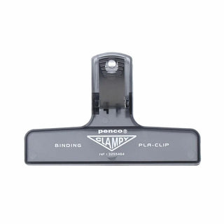 Gray plastic binder clip with PENCO Clampy branding and PLA-clip text