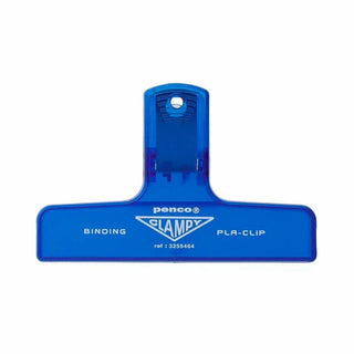 Blue plastic binder clip with PENCO Clampy PLA-clip logo