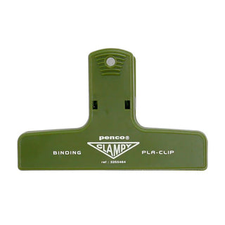 Olive green plastic binder clip with PENCO Clampy and PLA-clip markings