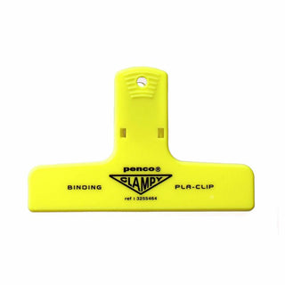 Yellow plastic binder clip with PENCO Clampy and PLA-clip markings