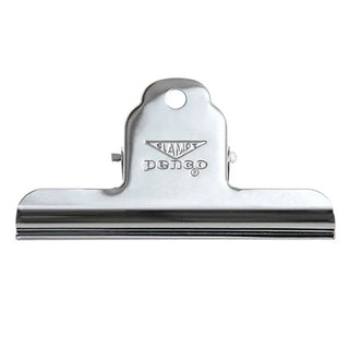 Silver steel binder clip, side profile with etched Clampy logo