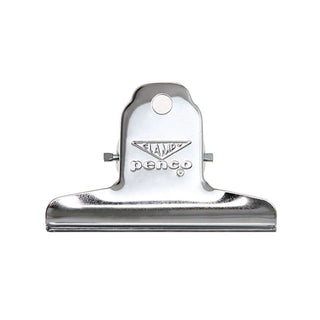 Silver Clampy steel binder clip, front view with circular eyelet