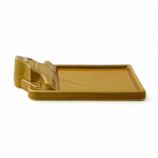 Brown ceramic incense holder with side spout opening and rectangular ash tray