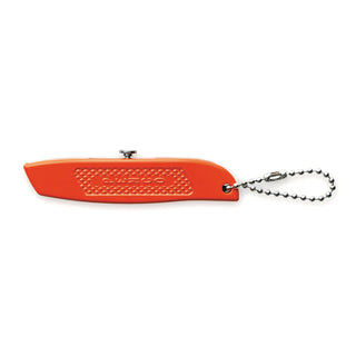 Orange pocket utility knife with embossed grip panel and keychain lanyard