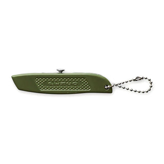 Pocket utility knife in olive green with lanyard chain and exposed blade