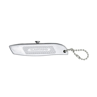 Pocket utility knife in silver gray with lanyard chain and exposed blade