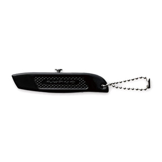 Pocket utility knife in black with lanyard chain and exposed blade