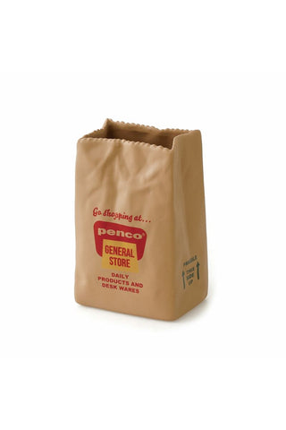 PENCO brown paper bag pen holder shown from the side with logo text