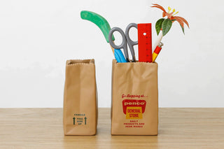 PENCO brown paper bag pen holder with pens, scissors, and two bags