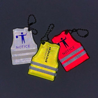 Reflective vest keychains with notice icon: yellow, red, and gray variants