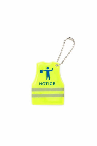 PENCO reflective yellow vest keychain with silver chain and notice icon