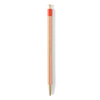 Natural wood mechanical pencil with orange top cap and pointed metal tip