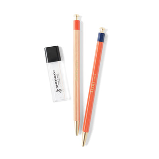 Natural wood mechanical pencil and orange mechanical pencil, both with black lead tips