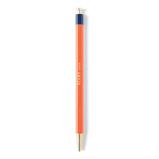 Orange mechanical pencil with blue end band and gold top, pointed metal tip