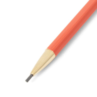 Orange mechanical pencil tip with natural wood grip and gray metal point