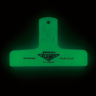 Green plastic binder clip labeled PLA-CLIP