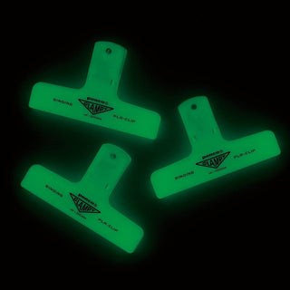 Set of green plastic binder clips labeled PLA-CLIP