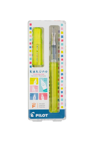 PILOT Kakuno fountain pen with fine nib, clear yellow-green body in retail box