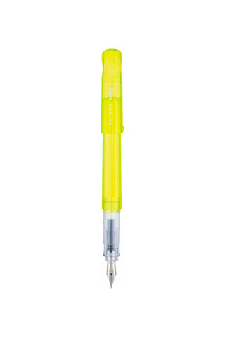 PILOT Kakuno fountain pen with fine nib, translucent yellow-green barrel and metal tip