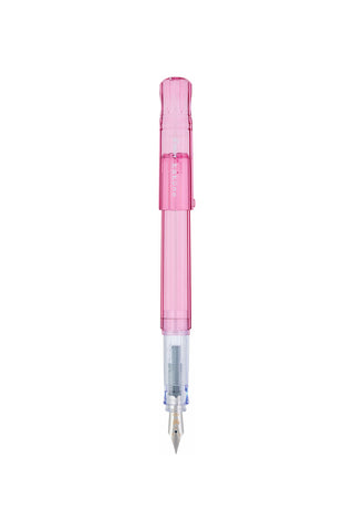 Clear pink fountain pen with fine nib and transparent barrel