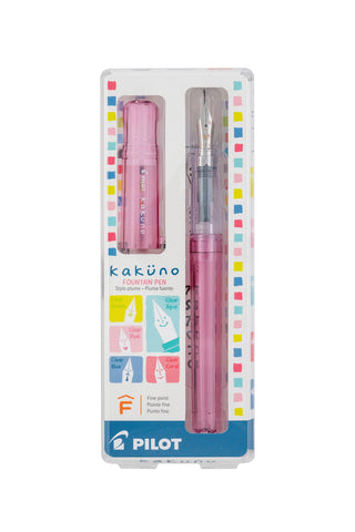Clear pink fountain pen with fine nib, shown in retail blister packaging