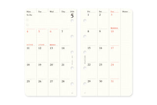 Monthly schedule refill pages for 2026 with mini-5 layout and memo blocks