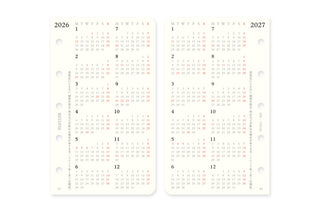 2026 and 2027 monthly grid pages with red date markers and binder holes