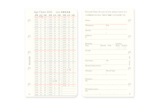 Monthly schedule refill pages with age chart table and personal data sections