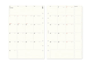 A5 monthly schedule 2027 refill pages, month grid with highlighted date blocks