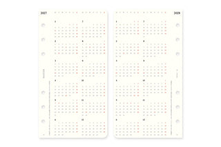 Year-at-a-glance refill pages showing 2027 and 2028 month grids, punched holes
