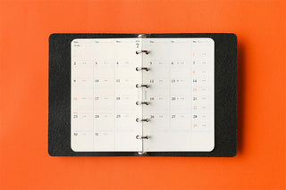 Mini binder refill showing two-page monthly calendar spread with ring holes