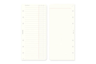 Narrow monthly schedule refill pages, open view with left ruled calendar and right notes page
