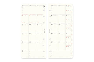 Narrow monthly schedule refill pages, two-page layout with daily date boxes for 2027