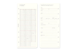 Narrow monthly schedule refill pages, left calendar grid and right weekly schedule section