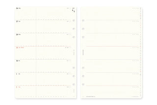 A5 weekly schedule diary refill with printed lines and red date highlights