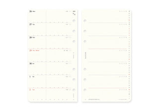 Weekly schedule refill pages with date grid, punched holes for ring binder