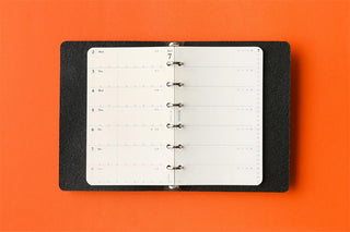 Weekly schedule refill opened in a binder, showing day rows across the page