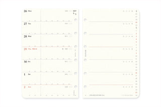Weekly schedule refill pages with date rows and red-highlighted days