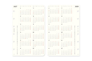 Year overview refill pages showing monthly calendars for 2027 and 2028