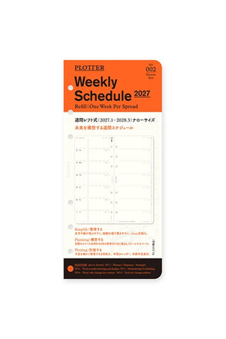 PLOTTER 2027 weekly schedule refill, narrow size, orange package with week grid