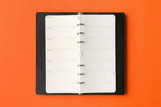 Open narrow weekly schedule refill on ring binder, punched pages visible