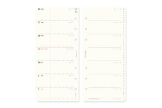 Weekly schedule refill layout with month calendar views, punched pages set