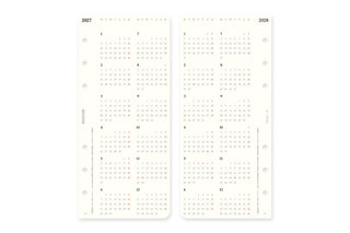 Two narrow weekly calendar pages for 2027 and 2028, punched for binding