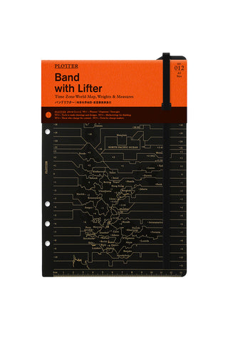 A5 band with lifter notebook, dark cover with circuit-style world map and orange tab