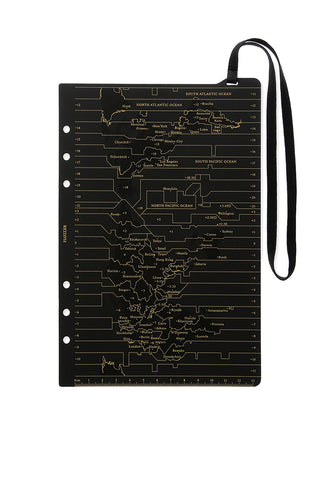 A5 notebook cover with circuit-like map print and black wrist strap, front view